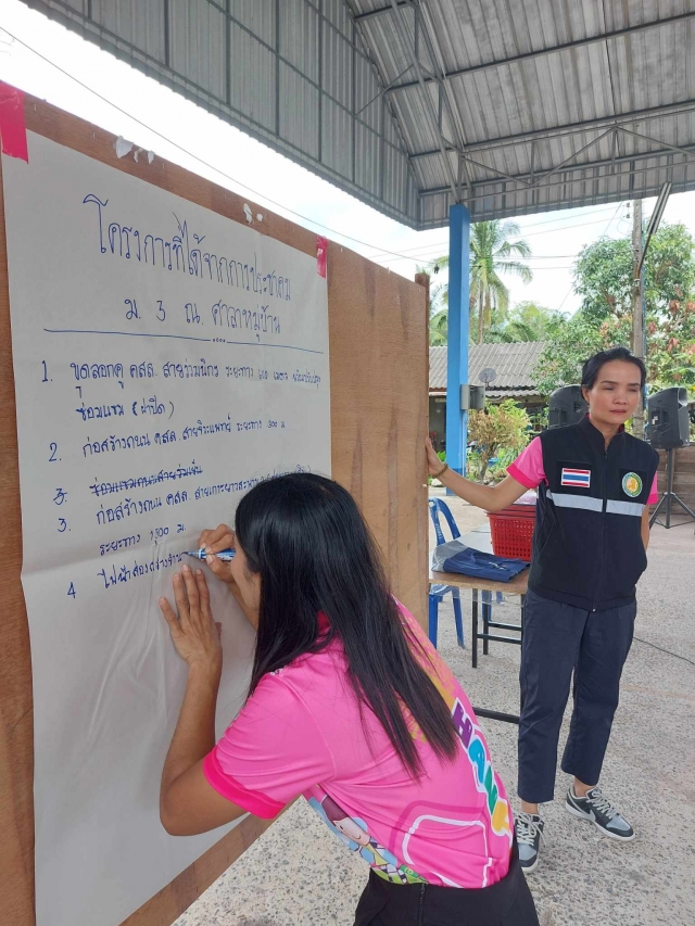 แผนออกประชาคมหมู่บ้านทบทวนแผนพัฒนาท้องถิ่น และประชาสัมพันธ์การคัดแยกขยะ/การชำระค่าน้ำ-ค่าขยะ ม.3
